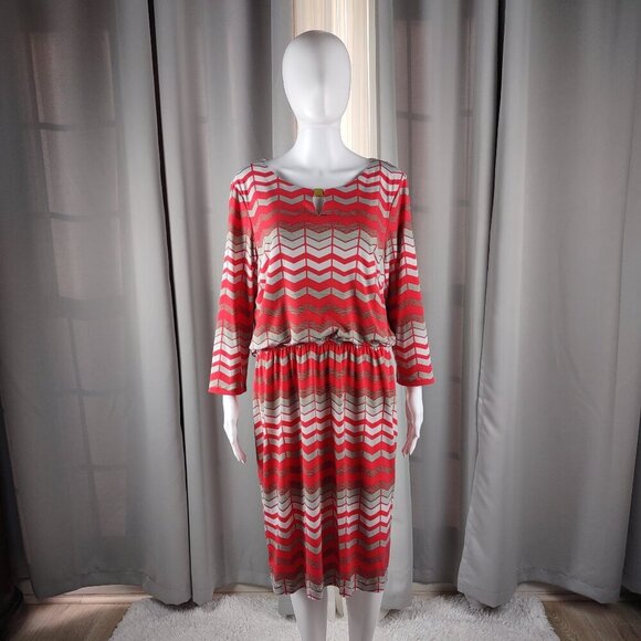 Jessica Howard Chevron Midi Dress Coral Gray Zip Back Long Sleeve Lined Size 14 - Picture 2 of 10